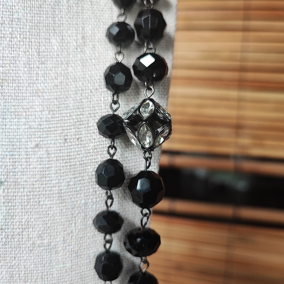 Dramatic Opera Length Black Plastic Faceted Glass Clear Rhinestone Bead Necklace - Picture 10 of 15